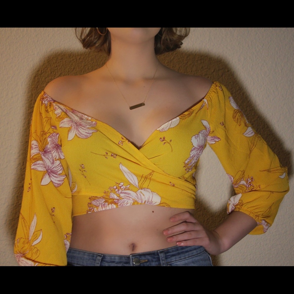 Off Shoulder Cut Out Back Floral Yellow Top